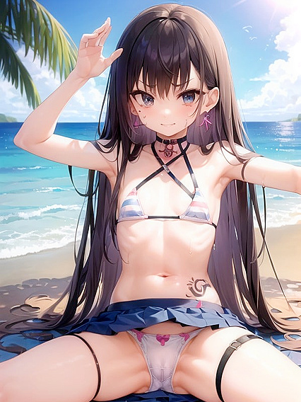 Girl 18+ with Face Tattoo Wearing White Striped Panties in Seductive Hentai Scene