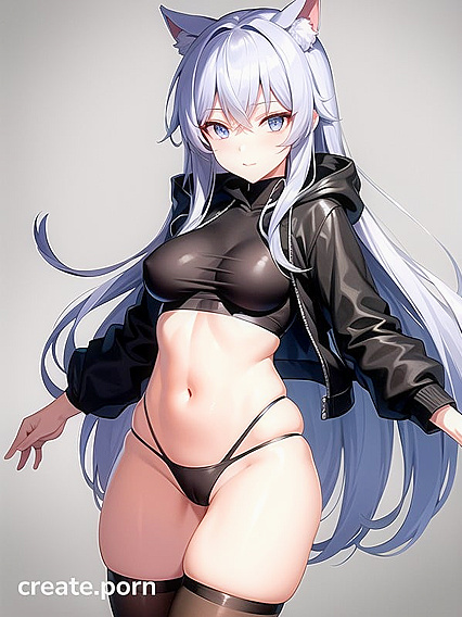 CatGirl 18+ with Blue-Gray Hair Teased in Black Panties and Stockings on the Pier
