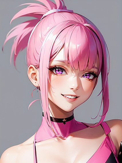 Smiling Pink Ponytail Babe Poses Seductively for the Camera in Hentai AI Action
