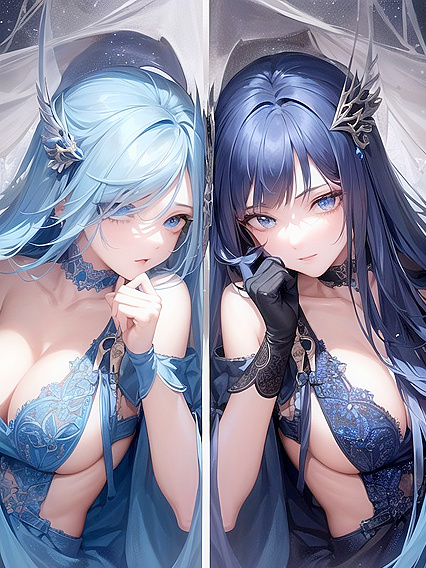 Wearing a Blue Dress and Long Angel Wings for Sensual Glove Play Hentai Pleasure