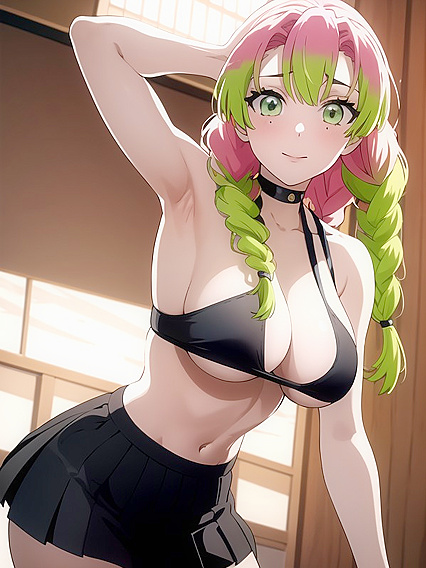 Mitsuri Kanroji from Demon Slayer Wearing Choker and Sporty Shorts in Hentai Action