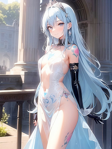 Girl 18+ in Light Blue Dress Wearing Diadem Stands for Seductive Hentai Pleasure