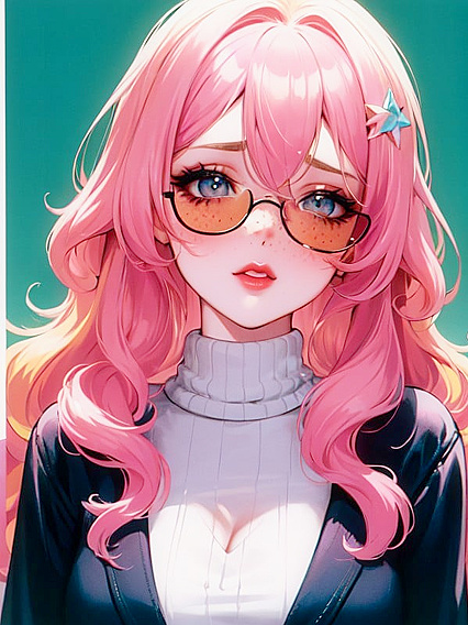 Close-Up Hentai Pleasure:Girl 18+ with Wavy Ombre Hair on Pastel Background