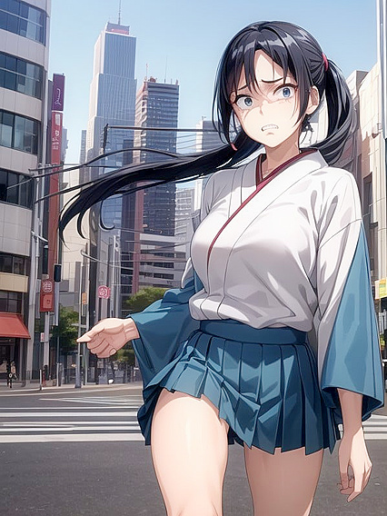 Japanese Cityscape Escape: Running Away Pose in Front of Busy Streets and Neon Signs