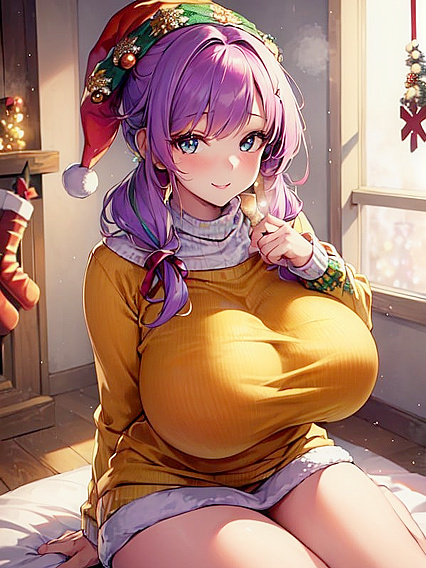 Sweater-clad Busty Beauty Enjoys Festive Fun in Cozy Hentai Scene