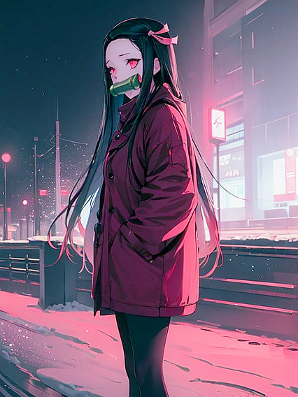 Nezuko from Demon Slayer Illuminated by Distant City Lights in a Wintry hentai Scene