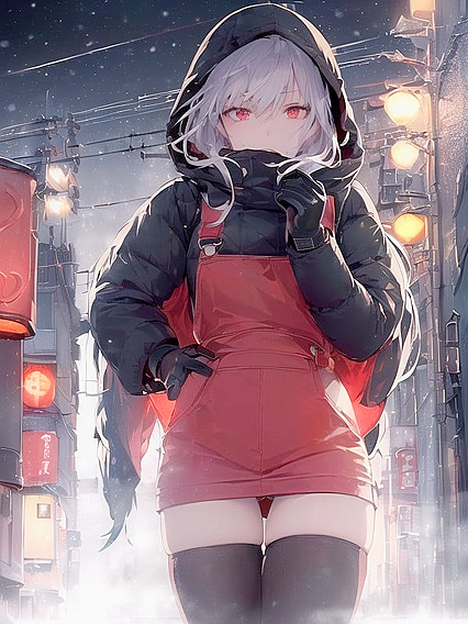 Cute Girl 18+ with Striking Red Eyes Amidst Neon Lights and Gentle Snowfall in hentai AI Porn