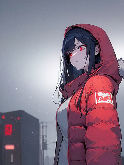 Snowy Night Seduction: Distant City Lights Enhance Her Mysterious Ghoul Aura