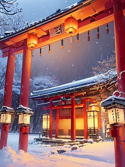 Smiling Beauty Poses by Snowy Japanese Shrine with Lanterns in Seductive Hentai Scene