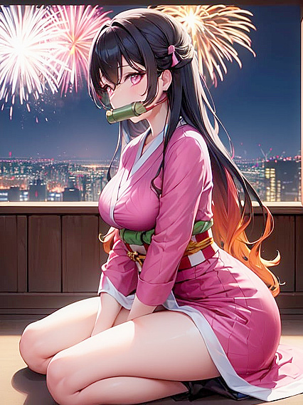Nezuko from Demon Slayer with Her Hair Tied into a Bun for Erotic Night Hentai Scenes