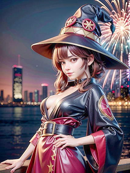 Megumin in Isekai Quartet Dressed in Vibrant Kimono Under Explosive Fireworks