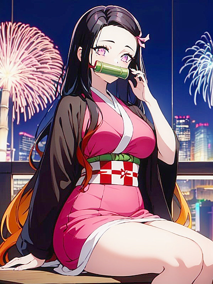 Nezuko from Demon Slayer Enjoying Intimate Moments Under the Tokyo Skyline