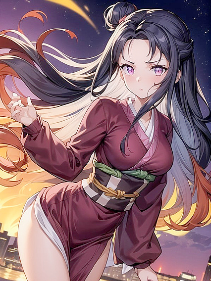 Colorful Kimono Clad Beauty Dazzles Under Neon Fireworks in hentai AI Action
