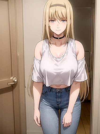 Mischievously Smiling and Blushing in Jeans and Crop Top Hentai Fun