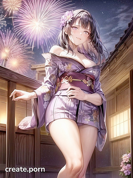 Hinata Glows in Fireworks at the Cherry Blossom Festival: Kimono Hentai Bliss