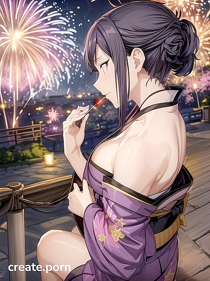 Kimono Clad Beauty Reveals Thighs Amidst Vibrant Firework Explosions