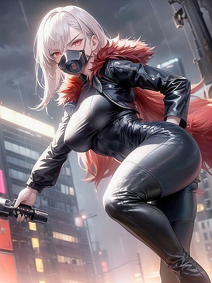 Girl 18+ in Black Leather Pants Wields Huge Revolver Aimed at You in Sexy Hentai Action