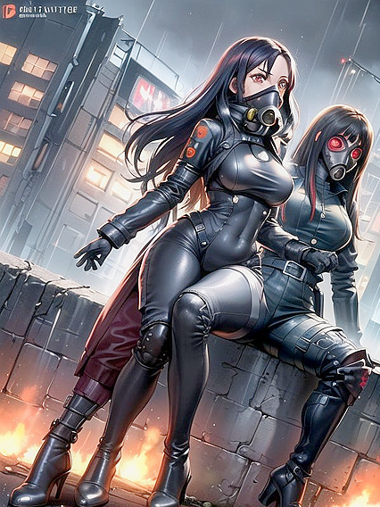 Raven-Haired Beauty in Fur Coat and Gas Mask Drenched by Rain for Erotic Hentai Pleasure