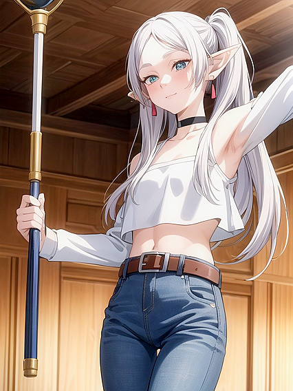 Mischievously Smiling While Blushing in Jeans and Choker for naughty Hentai Fun