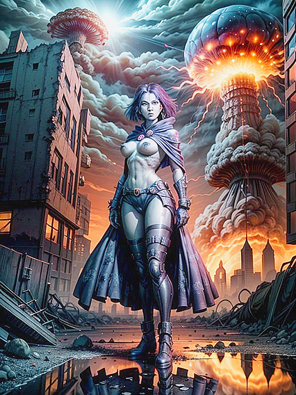 Post-Apocalyptic Cityscape with Mushroom Cloud and Ruins in hentai AIPorn