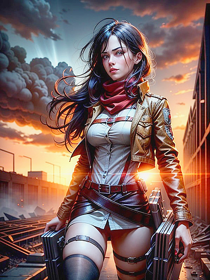 Mikasa Ackerman Amidst Smoldering Ruins in Intense Hentai Action