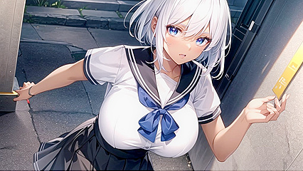 Massive Breasts on Display: Naked Girl 18+ with Arms Raised in Hot Hentai Action