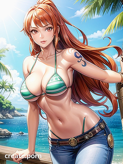 Nami from One Piece with Wet Body and Heart-Shaped Pink Eyes in Silvery Hentai Pleasure