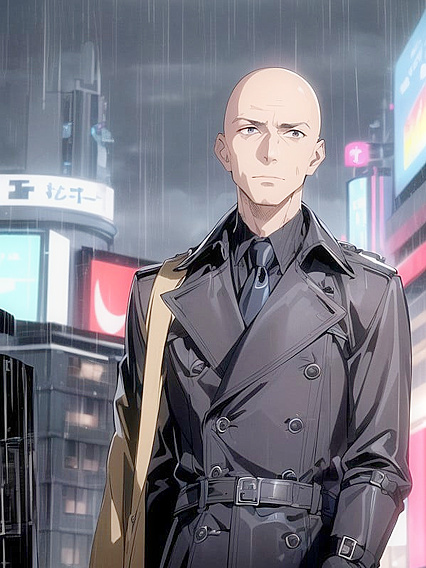 Happy Bald Guy Exploring Pleasure in Futuristic Cyberpunk City Hentai