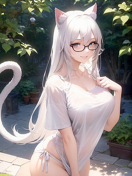 Cat Girl 18+ with Large Breasts Seductively Wears Oversized T-Shirt in steamy Hentai Scene