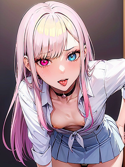 Detailed Rainbow Eyes Anime Chick Shows Off Her Skirt and Seductive Tongue Play