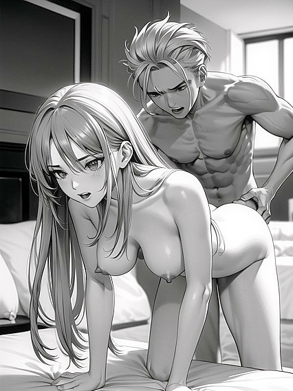 Naked Front View in Black and White Manga Hentai Seduction