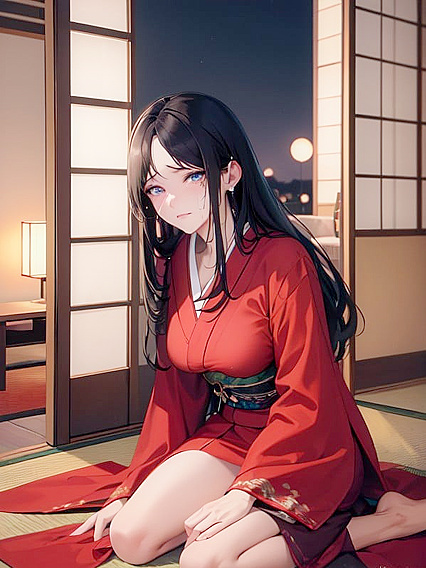 Pale-Skinned Beauty in Kimono Explores Erotic Night Fantasies
