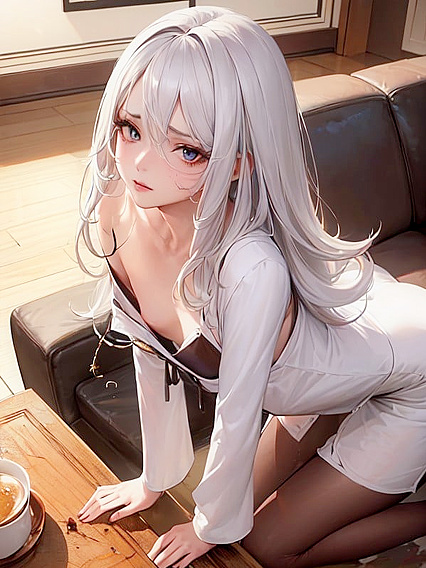 Kneeling with Messy Hair in the Living Room for Steamy Hentai Pleasure