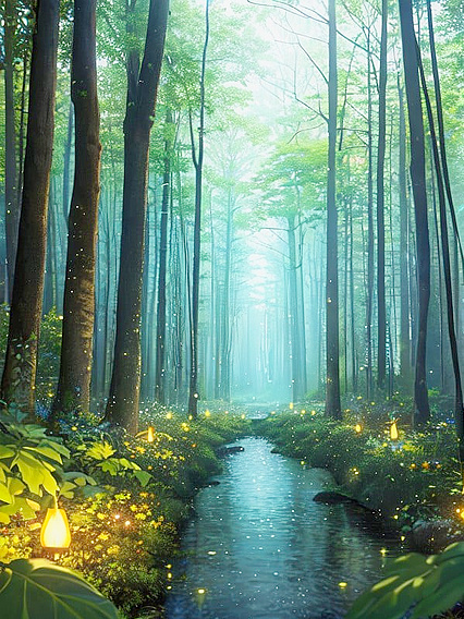 Enchanted Forest at Night: Panoramic Views and Reflective Streams Enhance the Glow