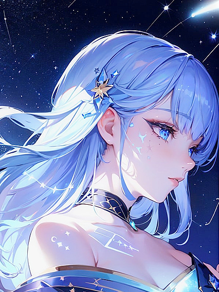 Glowing Constellations Tattooed Face Conjures Galactic Magic atop Moonlit Tower Hentai