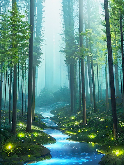 Enchanted Forest at Night: Gentle Mist and Reflective Stream Enhance Erotic Glow