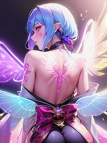 Glowing Holographic Wing Tattoos Adorn Her Back in Seductive Kimono Hentai Scene