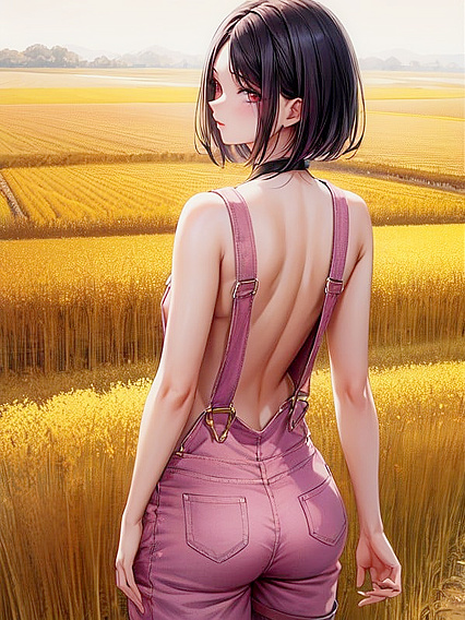 Naked Girl 18+ in Pink Overalls Enjoys Panoramic Views Amidst Golden Rice Fields