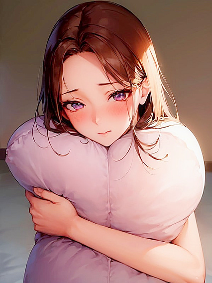 Blushing Cutie Hugs Soft Pillow in Sensual Hentai Action