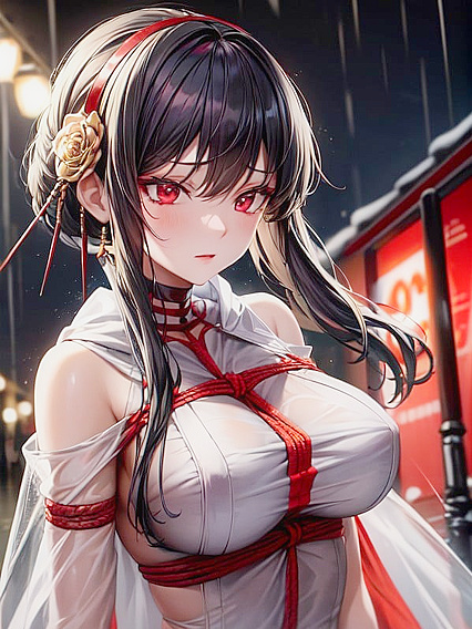 Transparent Raincoat Reveals Red Shibari-Roped Underwear at Crosswalk Hentai Scene