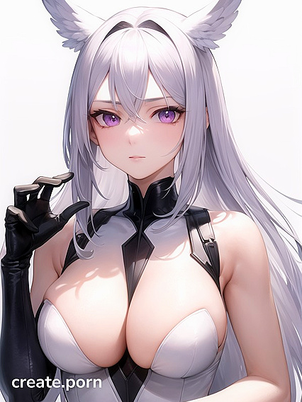 White-Haired beauty With Vibrant Purple Eyes Flies High in Mech-Suit hentai Action