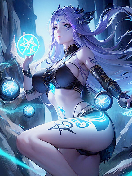 Glowing Runic Tattoos: Casting Ancient Spells with Mystical orbs in hentai ecstasy
