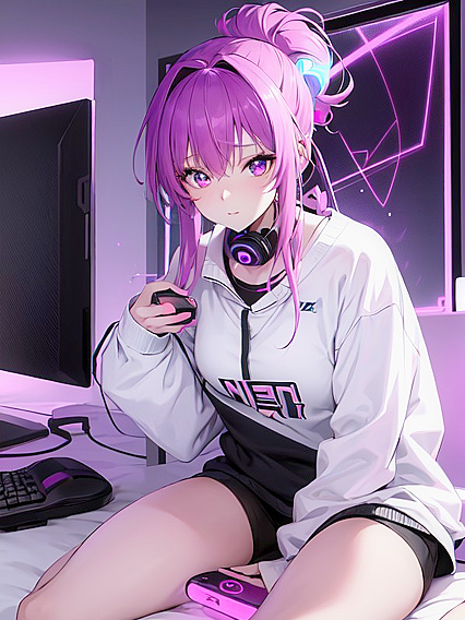 Focused Gamer Girl 18+ with Messy Bun Wears Skeet Logo Sweatshirt in Erotic Hentai Scene