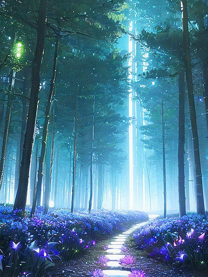 Bioluminescent Forest Panorama: Stars Peek Through Treetops in Erotic Hentai Scenes