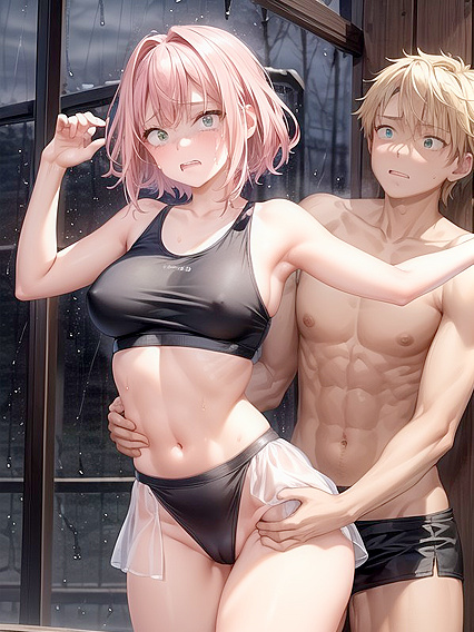 Arms Raised in Fear: Sport Bra-clad Chick in Intense Hentai Action