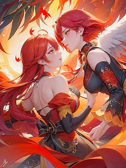 Two Phoenixes Nesting in a Magical Grove with Gentle Flames for Passionate Hentai Pleasure