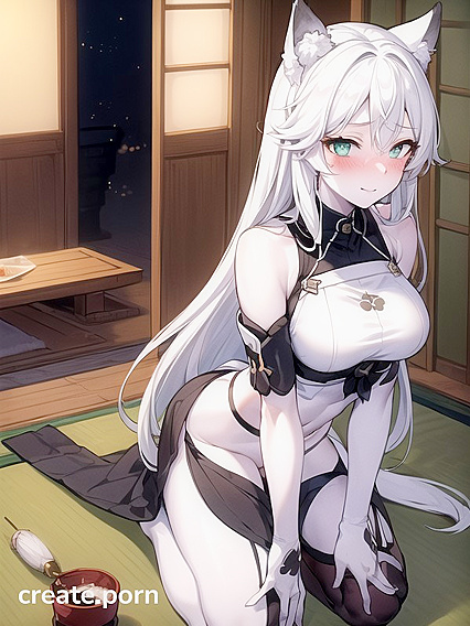 Seductive Green-Eyed Beauty with White Hair Enjoying Thick Line Art hentai Pleasures