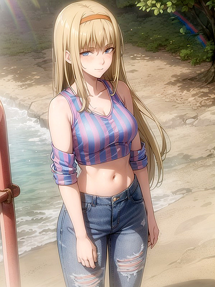 Mischievous Smile and Blush in Rainbow Stripes and Jeans Hentai Fun