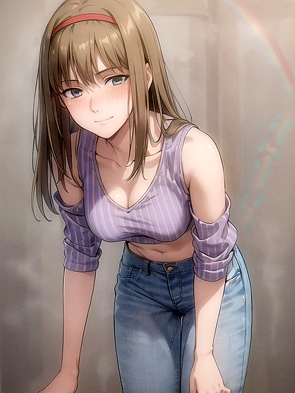 Mischievously Smiling Babe in Rainbow Shirt Teases in Hentai AI Action