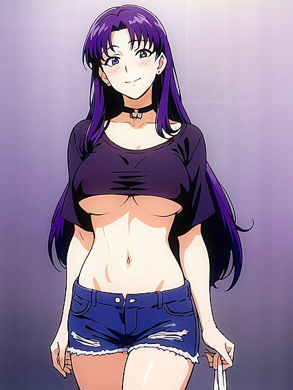 Misato from Evangelion Smiles and Blushes in Crop Top for Steamy Hentai Action